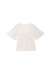 Haut en dentelle blanche avec un décolleté en V, des manches courtes évasées et des motifs géométriques. Texture douce et coupe légèrement ample, parfait pour un look décontracté.