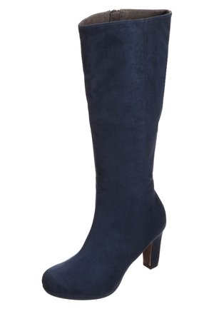 Laarzen voor dames van marineblauw suède met een middelhoge blokhak en een ronde neus, die tot halverwege de kuit reiken.