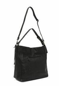 Schwarze Leder-Umhängetasche mit einer Reißverschlussfronttasche, verstellbarem Gurt und weicher, strukturierter Oberfläche. Rechteckige Form mit abgerundetem Oberteil.