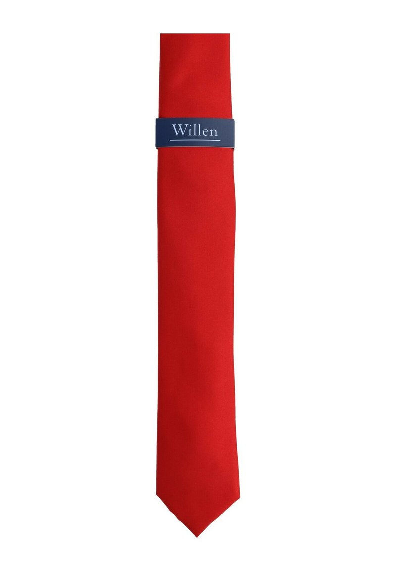 Red silk tie with a smooth texture and a tapered end, featuring a navy band labeled "Willen." Simple, solid color design.