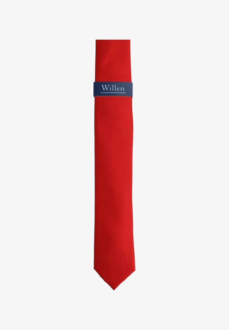 Red silk tie with a smooth texture and a tapered end, featuring a navy band labeled "Willen." Simple, solid color design.