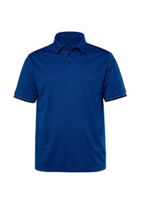 Modrá polo tričko z lehkého materiálu s tříknoflíkovou légou, krátkými rukávy a černým lemováním kolem límce a manžet.
