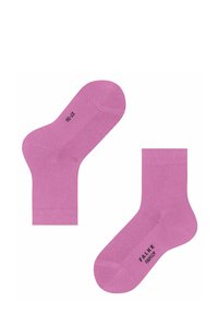 Calze di cotone rosa esposte su uno sfondo bianco, con una leggera texture e etichettate con "FALKE FAMILY" e taglia 27-30.