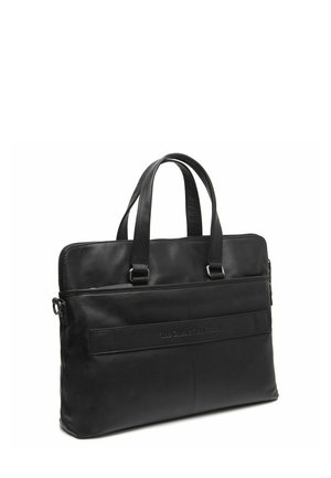 Black leather briefcase with dual handles, zip closure, front pocket, and subtle embossed branding. Smooth texture, rectangular shape, sleek design.