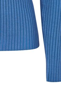 Blått ribbat stickat tyg med vertikala ränder, med en jämn textur och figurnära design. Kanterna är snyggt avslutade utan dekorationer.