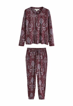 Matching maroon long-sleeve top and pants with light floral and swirl patterns, elastic waistband on pants, set laid flat on white background.