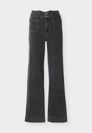 Σκούρο γκρι τζιν παντελόνι με ψηλή μέση και φαρδιά πόδια, δύο μπροστινές τσέπες με πάτσγουορκ και διπλό κουμπί στο ύψος της μέσης.