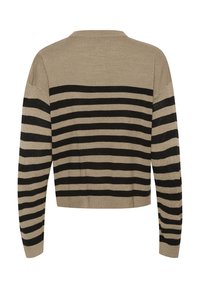 Ribaga kampsun on vahelduvate mustade ja beežide horisontaalsete triipudega, ribatud kaelus, pikad varrukad ja lühendatud disain.