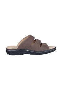 Braune Velours-Leder-Slidesandale mit drei horizontalen Riemen, einer gepolsterten Innensohle und einer schwarzen Gummisohle mit weißen Nähten.