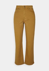 Braune High-Waist-Jeans mit Schlagbeinen aus Denim. Mit einem Knopf- und Reißverschluss, Fünf-Taschen-Design und genähten Details.