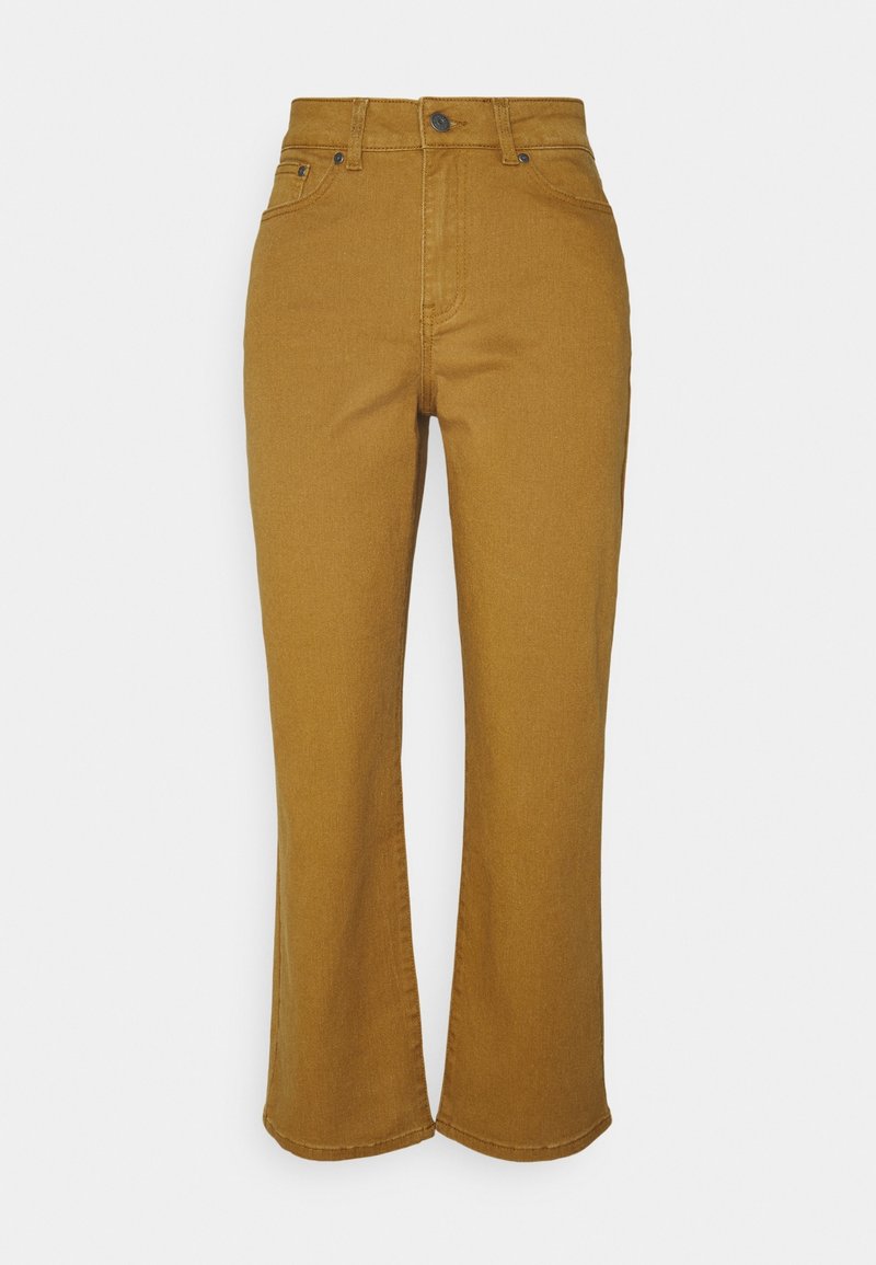 Braune High-Waist-Jeans mit Schlagbeinen aus Denim. Mit einem Knopf- und Reißverschluss, Fünf-Taschen-Design und genähten Details.