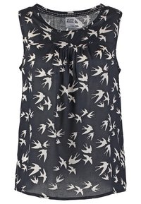 Blusa senza maniche in tessuto blu navy con una trama leggera. Presenta una stampa di uccelli in bianco, un dettaglio arricciato sul collo e una vestibilità morbida.