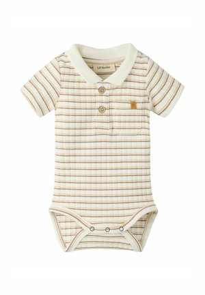 Rövid ujjú, bézs-fehér csíkos baba body gallérral, két elülső gombbal, mellzsebbel és patentos záródással alul.