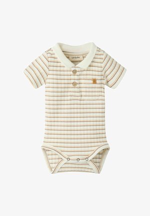Kortermet beige og hvit stripete babybody med krage, to knapper foran, brystlomme og trykknapper nederst.