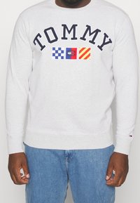 Felpa grigia con polsini e orlo a costine, con la scritta “TOMMY” in blu scuro e quadrati logo ricamati in blu, rosso e giallo.