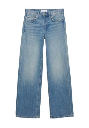 Lyseblå cowboybukser med vide ben, fem-lomme-design, knap- og lynlåslukning samt diskrete falmede detaljer.