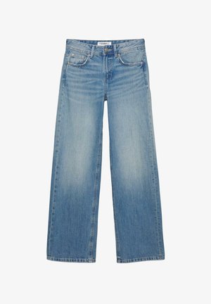 Svetlo modre jeans hlače širokih nogavic, z dizajnom s petimi žepi, zapiranjem na gumb in zadrgo ter nežnim pošiplem učinkom.