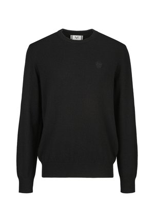 Schwarzer langärmeliger Pullover mit Rundhalsausschnitt, gerippten Bündchen und Saum, mit kleinem, dezentem Logo auf der linken Brust.