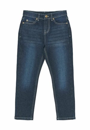 Donkerblauwe denimspijkerbroek met een rechte snit, voorzien van gouden details, ton-sur-ton stiksels en voorzakken. Glad van textuur, zonder patronen.