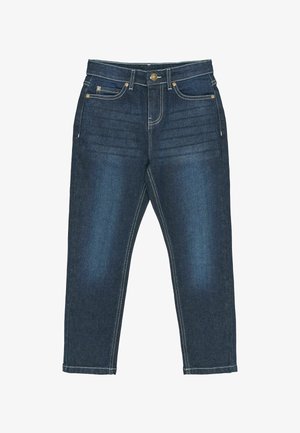 Dunkelblaue Jeans aus Denim mit geradem Schnitt, ausgestattet mit goldenen Hardware-Elementen, tonalem Nähen und seitlichen Taschen. Glatte Textur, kein Muster.