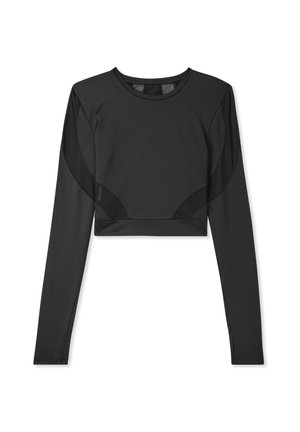 Maglia atletica nera a maniche lunghe con design cropped, realizzata in tessuto liscio con pannelli in rete sulle spalle e ai lati.