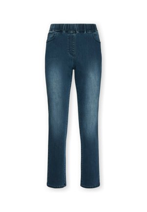 Jeans slim fit blu scuro con vita elastica, due tasche frontali e sfumature sbiadite discrete su cosce e ginocchia.