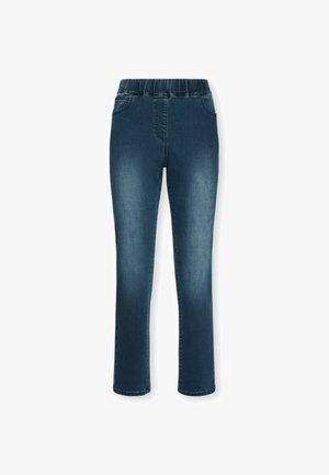 Dunkelblaue, eng anliegende Jeans mit elastischem Bund, zwei Vordertaschen und dezenten, verwaschenen Schattierungen an Oberschenkeln und Knien.