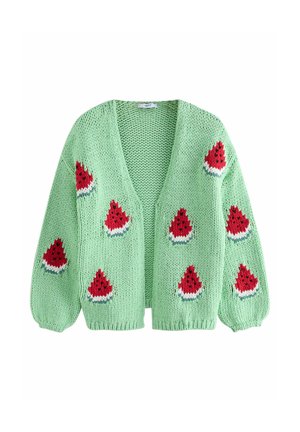 Grüne gestrickte Strickjacke mit tiefem V-Ausschnitt, verziert mit roten Wassermelonenstückchen. Lange, gepuffte Ärmel und ein offenes Design.