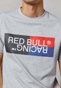 Pilkas medvilninis marškinėliai su ryškia, įvairiaspalve grafika, kurioje yra "RED BULL RACING" tekstas juodu, raudonu ir mėlynu fonu. Trumpomis rankovėmis, apvalia kaklo iškirpte.