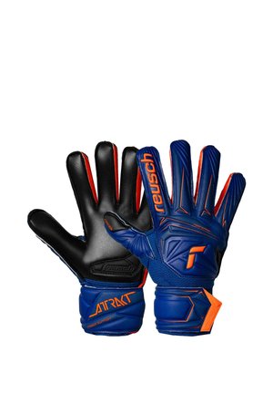 Pair of blue and black Reusch goalkeeper gloves with orange accents, featuring padded finger support and wrist straps.