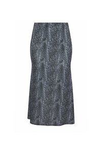Grauer Rock mit einem Schlangenprint-Muster, aus einem leichten Stoff hergestellt, mit einem ausgestellten Design und einem Saum, der leicht unter das Knie reicht.