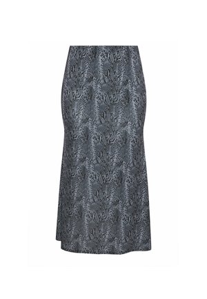 Grijze rok met een slangenprintpatroon, gemaakt van een lichtgewicht stof, met een uitlopende ontwerp en een zoomlijn die iets onder de knie valt.