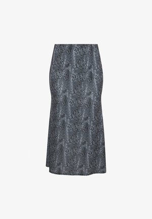 Grijze rok met een slangenprintpatroon, gemaakt van een lichtgewicht stof, met een uitlopende ontwerp en een zoomlijn die iets onder de knie valt.
