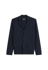 Marineblauer Cardigan aus strukturiertem Stoff, mit einem Reverskragen, drei Knöpfen und zwei Fronttaschen sowie einer kleinen Brusttasche.