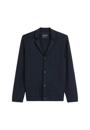Navy blue cardigan made of textured fabric, featuring a notched collar, three buttons, and two front pockets with a small chest pocket.