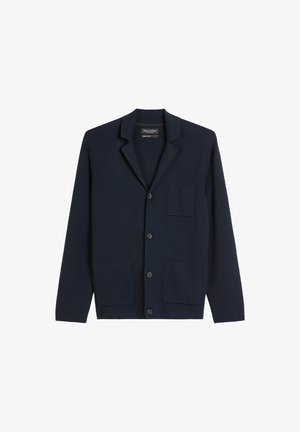 Marineblauer Cardigan aus strukturiertem Stoff, mit einem Reverskragen, drei Knöpfen und zwei Fronttaschen sowie einer kleinen Brusttasche.