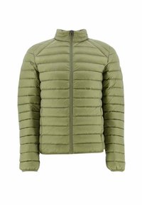 Giacca puffer verde oliva con motivo a righe orizzontali, colletto alto e zip frontale. Materiale leggero, con polsini elasticizzati.