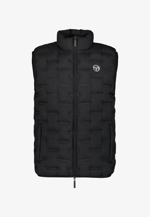 Zwarte puffer vest met hoge kraag, voor ritsluiting, geborduurde structuur en logo-detail, voorzien van zijzakken voor extra functionaliteit.