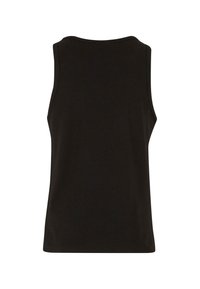 Schwarzes ärmelloses Tanktop aus glattem Stoff. Hat einen runden Ausschnitt und eine figurbetonte Silhouette, ohne sichtbare Muster oder Akzente.