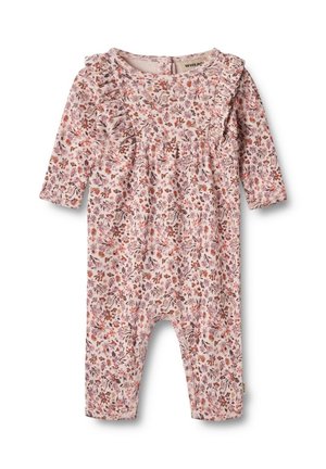 Overall mit floralem Muster aus weichem rosa Stoff, ausgestattet mit langen Ärmeln, einem gerafften Oberteil und Rüschenakzenten entlang des Ausschnitts.