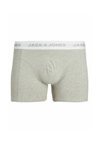 Graue Baumwoll-Boxershorts mit weicher Textur, ausgestattet mit einem weißen Bund, der mit "JACK & JONES" in grauer Schrift geprägt ist.