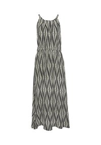 Maxi dress with thin straps, featuring a black and cream geometric pattern. Elastic waist and flowing skirt with a slightly flared hem.