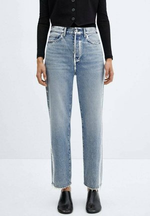 Light blue denim jeans with a high waist, straight-leg cut, frayed hem, and contrasting side panels. Worn with a black, button-up top.