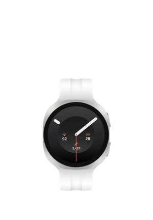 Round smartwatch with white band showing time, date, step count, and heart rate on black digital display.