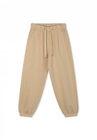 Beige gestreepte joggerbroek met een elastische tailleband, trekkoordsluiting en taps toelopende boorden. Met zijzakken en een zachte textuur.