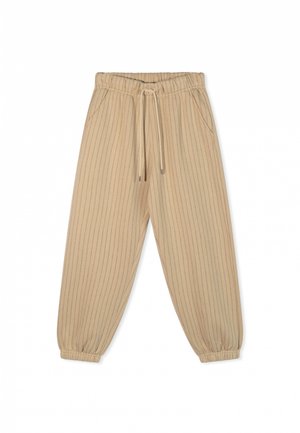 Beige gestreepte joggerbroek met een elastische tailleband, trekkoordsluiting en taps toelopende boorden. Met zijzakken en een zachte textuur.