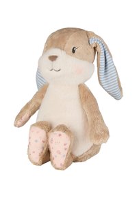 Soft plush bunny with tan fur, blue striped ears, pink floral-patterned paws, and a smiling face. Stands in a seated position.