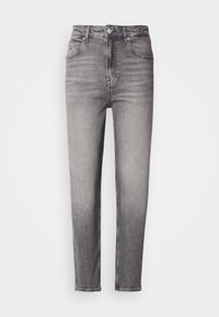 Jean gris taille haute, coupe slim, avec poches avant, passants de ceinture et fermeture bouton.