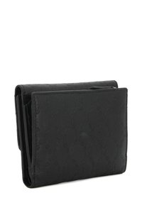 Portafoglio in pelle nera con motivo in rilievo, forma rettangolare e design a pieghe. Presenta più scomparti per carte e contanti.