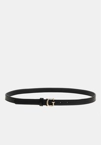 Cintura in pelle nera con fibbia a forma di G in tonalità dorata, regolabile con più fori, texture liscia e design sottile.